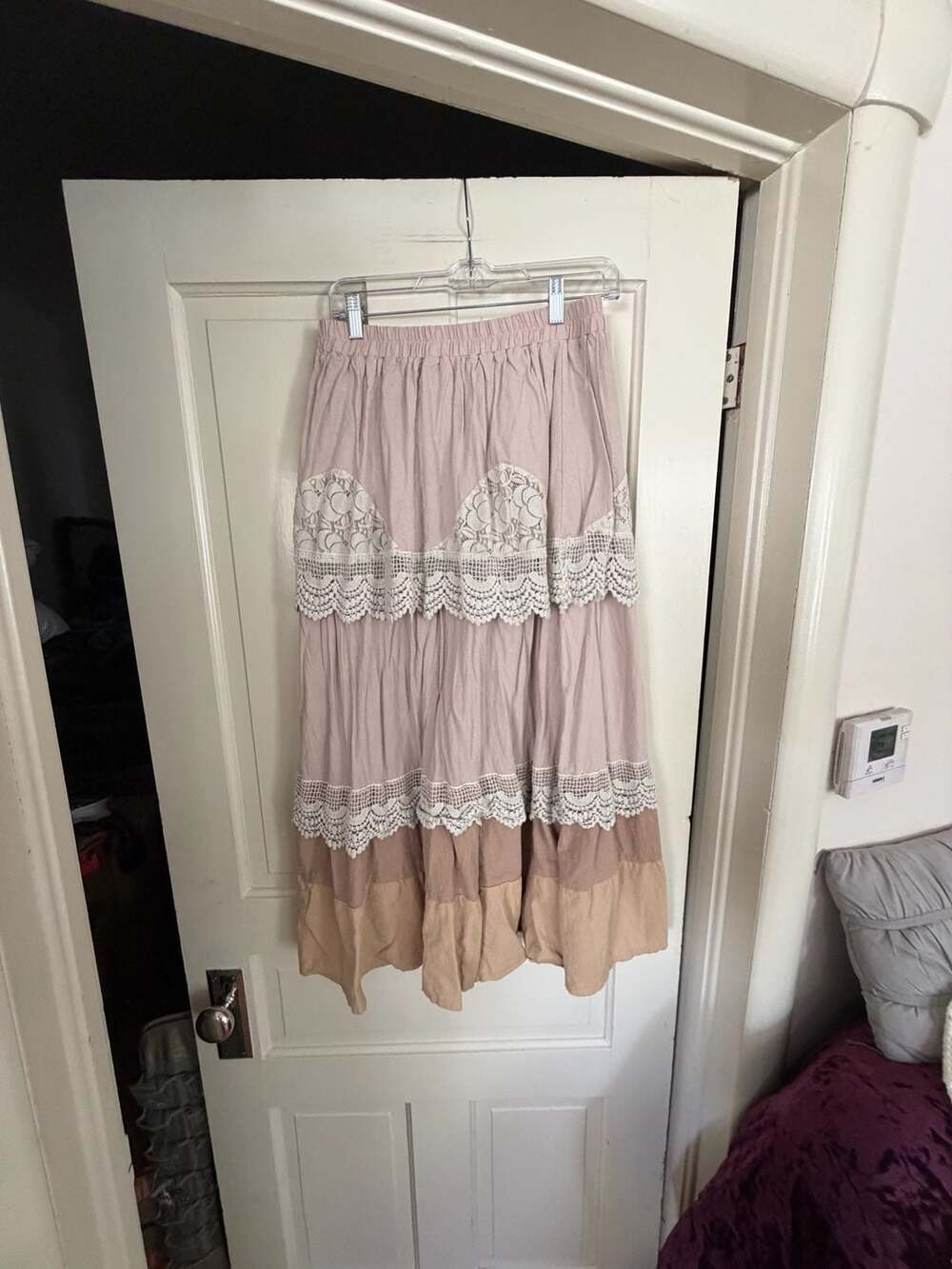 J.C. Fashion Women's Boho Tiered Maxi Skirt with Lace Trim in Tan/Brown, Size 5X